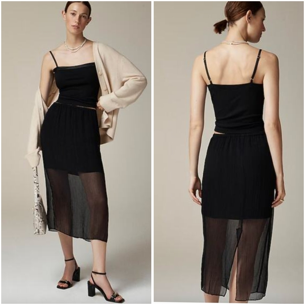 Jcrew Gwenyth Layered Slip Crinkled Chiffon Midi Skirt Black Small NWT New